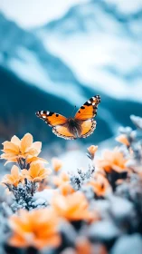 Mountain-kissed butterfly drifting over frosted sunrise blooms.