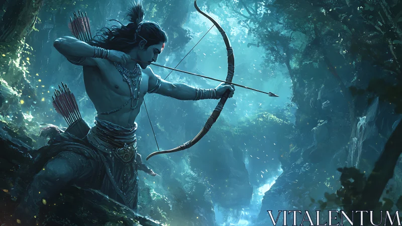 Mythic archer drawing bow in dense blue-green forest canyon.