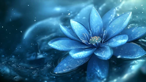 Iridescent blue lotus blooming on luminous liquid surface.