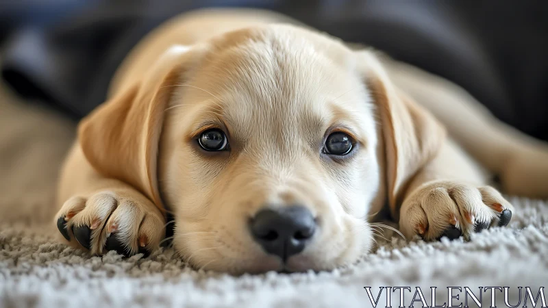 Yellow labrador puppy lying on textured carpet surface.