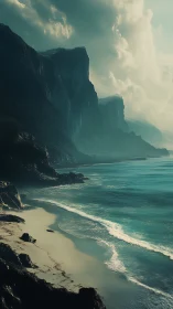 Stormlit cliffs over turquoise misted ocean shore.