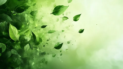 Green leaves disperse across a gradient abstract background