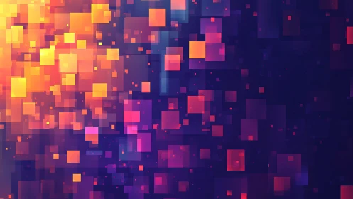 Abstract digital pixel squares in glowing gradient, modern style.