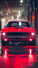 Red classic muscle car under urban night lights reflection.