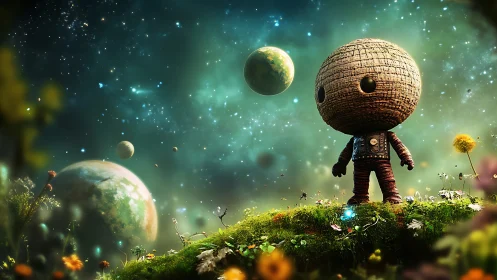 Textured doll figure on alien meadow under distant planets.