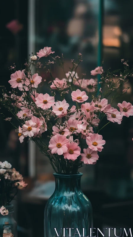 Pink cosmos flowers in blue glass vase.