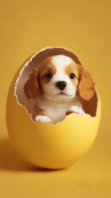 Sweet puppy peeks shyly from a bright yellow eggshell home