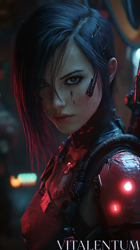 Cyberpunk portrait of augmented female operative in red armor.