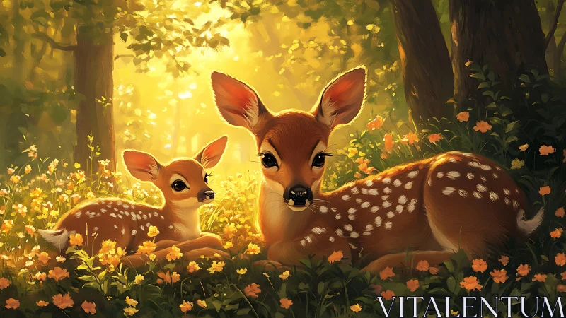 Sun-dusted fawns trade secrets in a golden forest clearing
