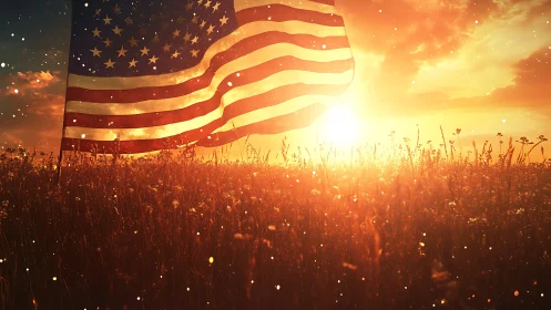 Backlit United States flag over sunlit wildflower meadow at dusk