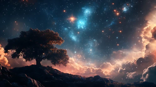 Silhouetted lone tree beneath nebular night sky in digital painting