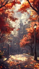 Autumn city boulevard with lampposts and distant clocktower dome
