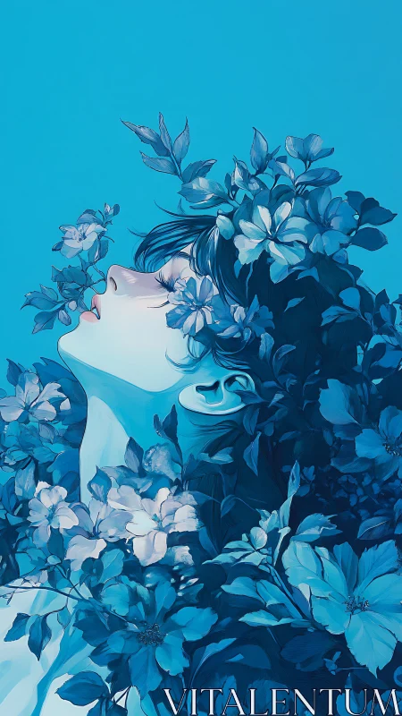 Woman in blue floral dreamscape breathes in quiet serenity.