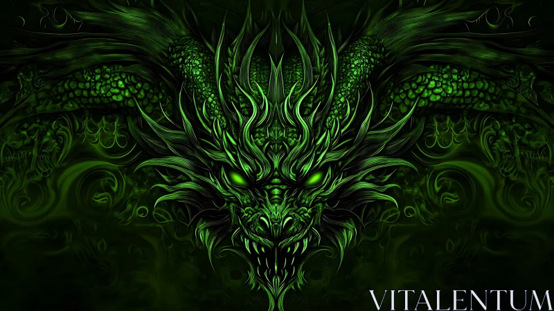 Emerald dragon head glows through swirling dark mist