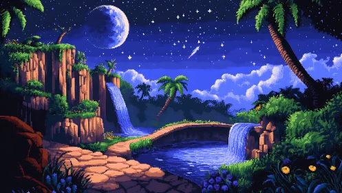 Moonlit pixel oasis with twin waterfalls and stone path.