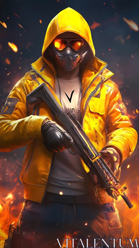 Hooded firebrand operative in neon armor stalking through embers.