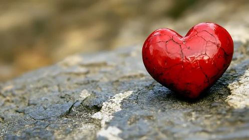 Red heart-shaped object on weathered concrete surface.