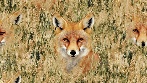 Foxes in tall meadow grass sharing curious golden glances.
