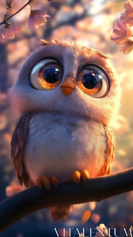 Cute baby owl gazes upward under soft spring blossoms
