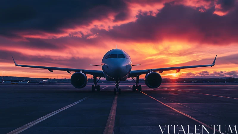 Passenger jet front view aligns with dramatic sunset sky