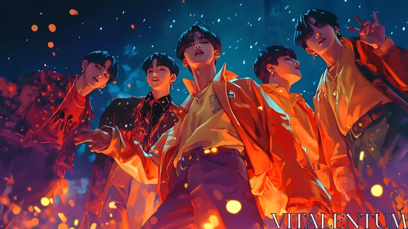 Firelit street idols gather under electric midnight sky.