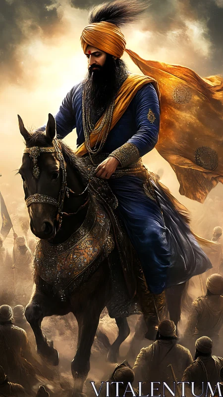 Gallant turbaned rider guides his warhorse through golden haze