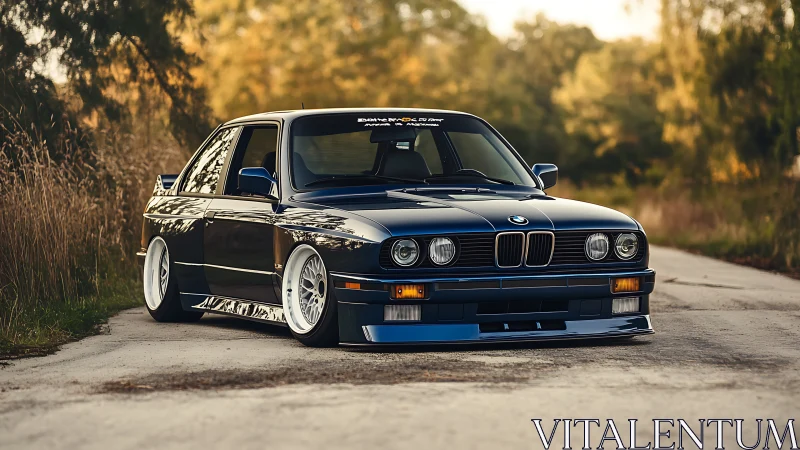 Modified classic coupe with lowered stance on rural road.