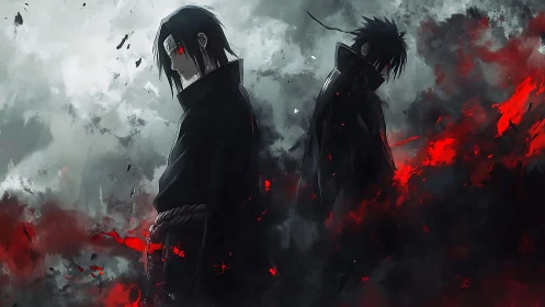 Two cloaked figures stand back to back in red and gray haze