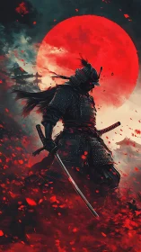 Armored samurai silhouette stands before a red solar disc