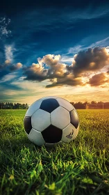 Soccer ball rests on grass field under vivid sunset sky