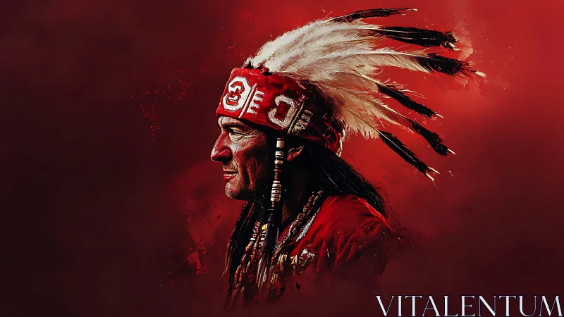 Elder in feathered headdress stands in a vivid red haze