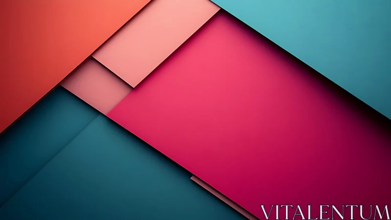 Layered geometric panels in teal, pink, and coral tones.
