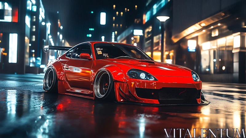 Modified red sports car stands on wet neon city street