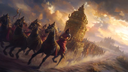 Epic golden war chariot procession in dynamic digital painting.