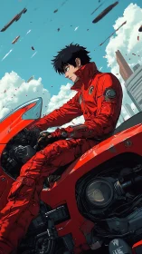 Red moto pilot in windswept urban skyway, anime profile
