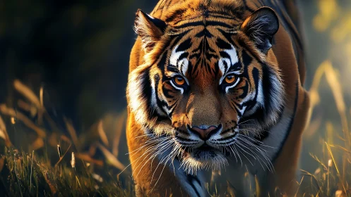 Predatory tiger prowling through backlit golden grassland.