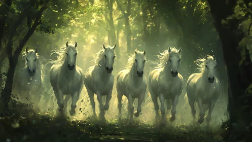 Galloping white horses traverse a sunlit forest corridor