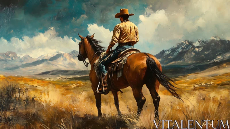 Western cowboy on horseback surveying stormlit mountain prairie