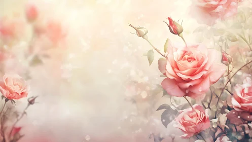 Soft-focus pink rose blooms with bokeh particles and natural garden depth.