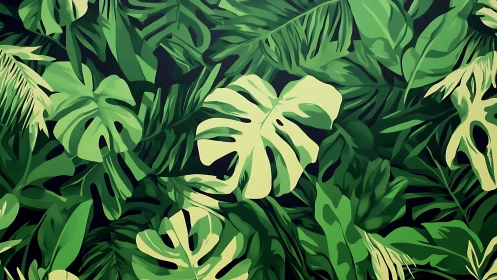 Layered monstera canopy with stylized vector foliage mapping.