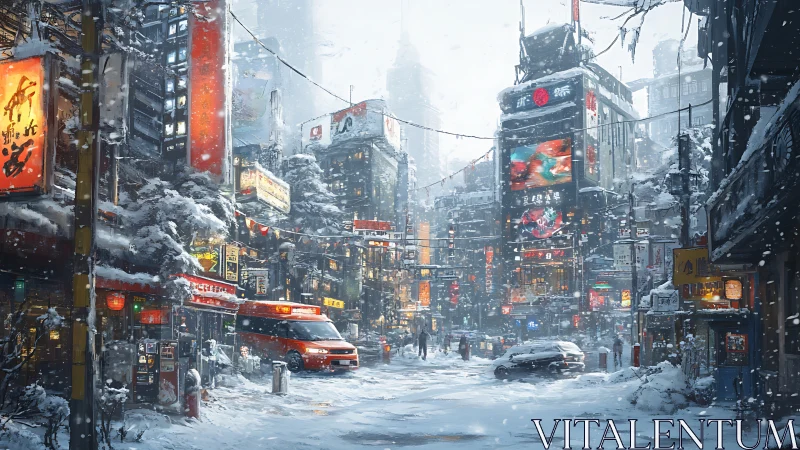 Snowbound neon high street under falling winter dusk.