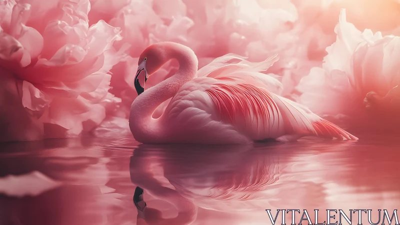 Blushing lagoon flamingo drifting through pastel petals.