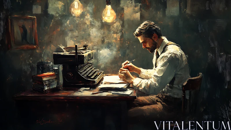 Solitary writer under warm bulbs in textured oil studio.