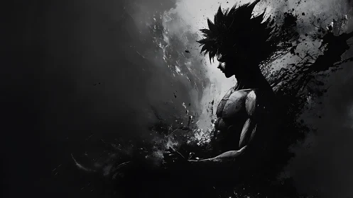 Shadowed anime warrior dissolves into swirling black ink