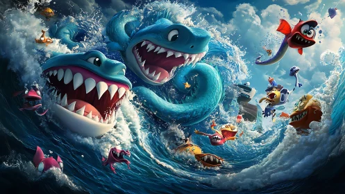 Cartoon sea monsters spiral through stylized storm waves.