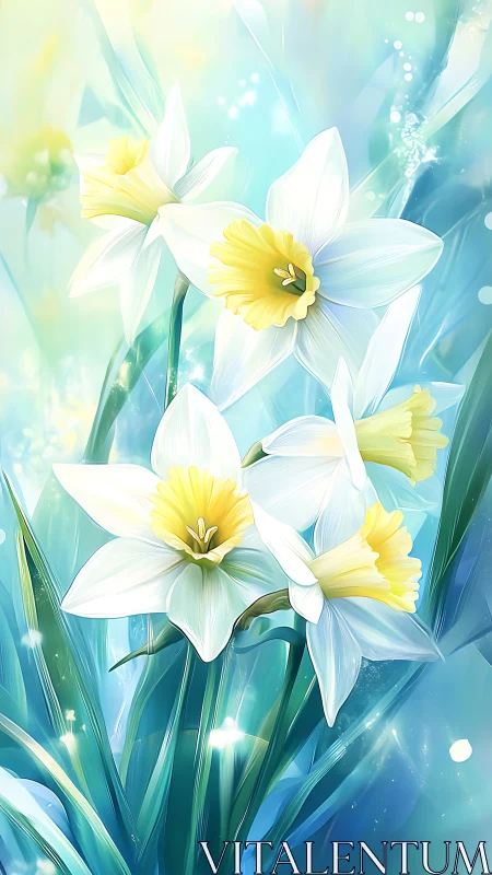 Spring Daffodils Bloom in Luminous Blue Gradient.