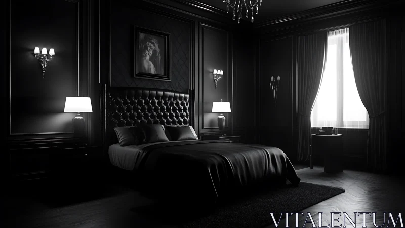 Monochrome luxury bedroom in dramatic cinematic lighting.