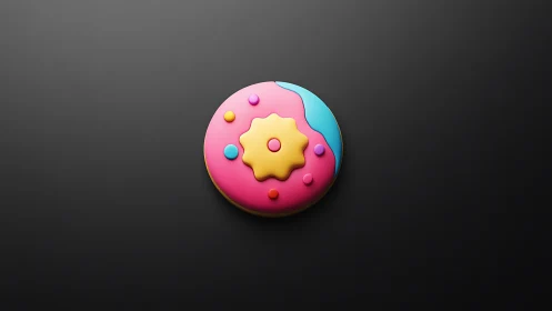 Spherical 3D object with pink and cyan coloring displaying geometric patterns.