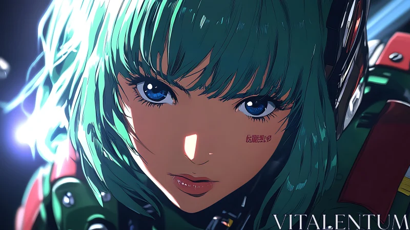 Futuristic pilot girl with teal hair in intense close-up.