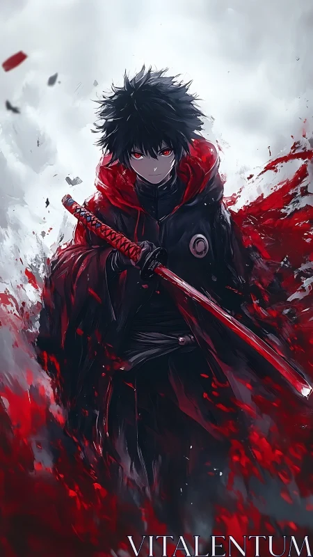 Black-haired swordsman in red cloak amid abstract red field.
